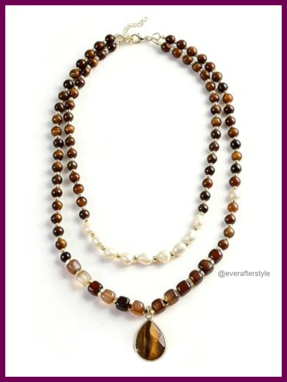 Boho Beaded Layered Necklace for Women, Tiger Eye Choker with Pearl Accent,
